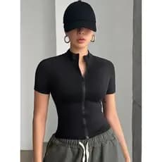 camisa camiseta feminina manga curta zíper estilosa moda blogueira treino passeio leve