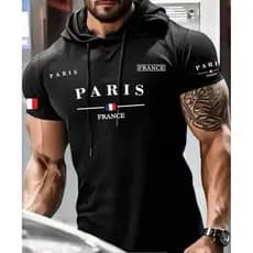 Camisa camiseta masculina de capuz manga curta Paris estilo blogueiro moda casual passeio
