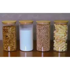 Kit 4 potes de vidro 1,3L tampa de bambu herméticos redondos armazenamento