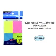 Bloco Nota Adesivo para Anotações Neon Colorido 37,5mm x 50mm - 4 unidades