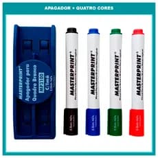 kit Pincel Caneta Quadro Branco Recarregáveis 04 Cores + Apagador Lousa Quadro Branco Masterprint