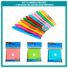 Kit 12 Marca Texto (6 Neon + 6 Pastel) + 3 Blocos Notas Adesivo Marcador de Páginas MASTERPRINT