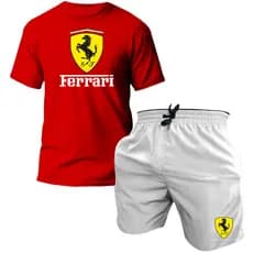Kit Camiseta + Short Tectel Ferrari Camisa 100% Algodão Bermuda Tactel Premium