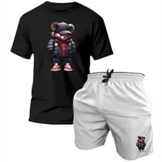 Kit Camiseta + Bermuda Masculina Tactel Estampada Moda Praia Lançamento