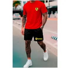Kit Camiseta + Short Tectel Ferrari Camisa 100% Algodão Bermuda Tactel
