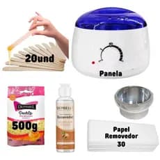 Kit Depilação Aquecedor Cera Quente Panela Elétrica + 1 Pct Cera Perolada 500g + Palios + Papel