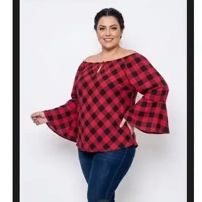 Blusa Plus Size Xadrez Vermelha Ombro A Ombro  Manga Flare Feminina