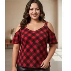 Blusa Feminina Plus Size Xadrez Vermelha Ombro Vazado Manga Curta Casual Moda Feminina
