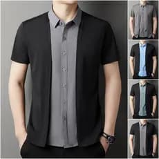 Top Simulado De Duas Peças Para Homens , Camisa Slim Fit De Manga Curta Com Botões , Camiseta Casual De Negócios