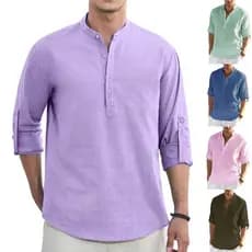 Camisa Masculina De Linho De Algodão Tamanho Ue , Casual , Manga Enrolada , Camiseta Solta , Gola Lisa , Meio Botão , Pl