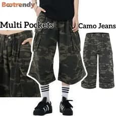 Bootrendy Masculino Camo Jeans Com Vários Bolsos 3/4 Comprimento Shorts Plissado Y2k Baggy Capri Calças Camuflagem Denim