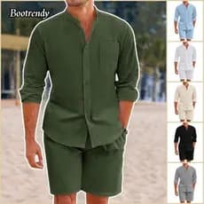 Conjuntos De Linho Plus Size Para Homens , 2 Peças , Botão , Gola Com Faixas , Camisa De Manga Comprida E Shorts Casuais