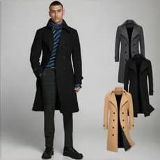 Casaco Longo Masculino Com Lapela Entalhe Duplo Breasted , Sobretudo Casual De Inverno , De Lã Para Homens