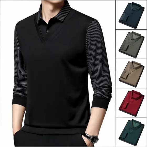 Camisas Masculinas De Duas Peças Listradas Polo Manga Comprida Slim Fit Camiseta Plus size Casual Camisa De Negócios