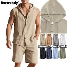 Conjunto Masculino De 2 Peças De Linho Com Capuz : Camisa Sem Mangas E Shorts Cordão | Roupa De Praia Plus Size , Ternos