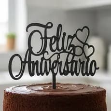 Topo de Bolo Feliz Aniversário 13cm x 11cm – Topper Decorativo  feito em PLA com Corações, Elegante e Pronto para Usar