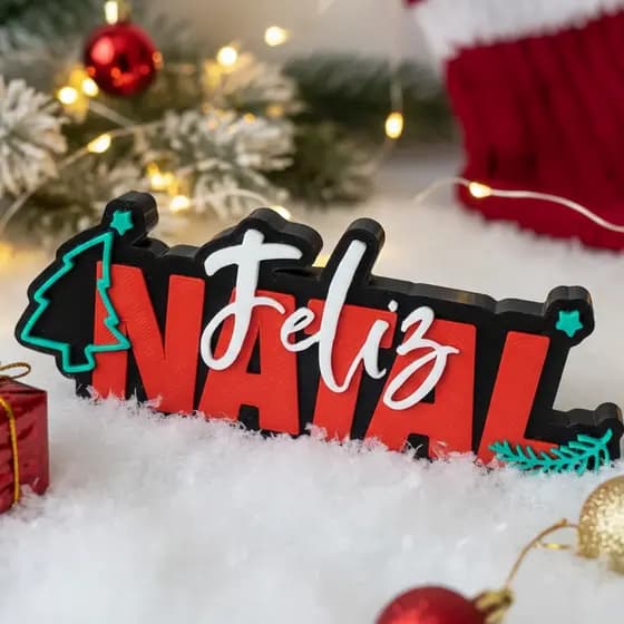 Enfeite de Natal 3D “Feliz Natal” – Decoração Natalina Criativa para Mesa, Sala e Escritório | 14 cm