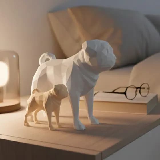 Estátua Pug Low Poly em PLA – Decoração Moderna, Impressão 3D, Enfeite Minimalista para Sala, Escritório e Presente Pet