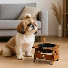 Comedouro Pet MDF Tigela Aluminio 400ml Suporte Elevado Cães e Gatos