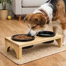 Comedouro Pet Madeira Pote Plástico 400ml Resistente  Elevado Lindo