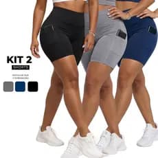 Kit 2 Shorts Fitness Feminino Com Bolso Bermuda Meia Coxa Cós Alto Bermuda Ciclista Feminina Academia Zero Transparência