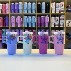 Copo Garrafa Térmica Stitch 600ml Personalizado Premium com Canudo, Tampa e Alça, Parede Dupla Inox, Mantém Gelado
