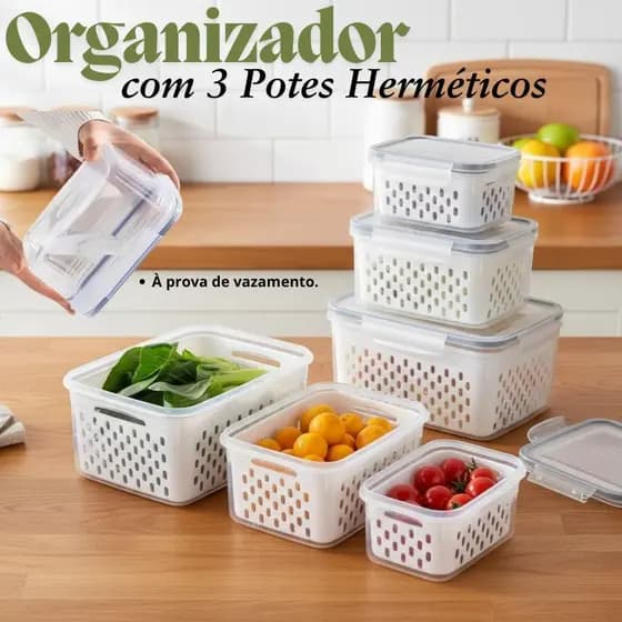 Organizador com 3 Potes Herméticos para Geladeira de Frutas e Alimentos com Cesto e Tampa
