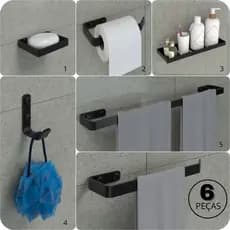 Kit Acessórios Para Banheiro Com Adesivo 6 Peças Preto Fosco