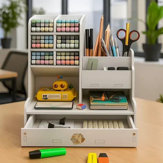 Organizador De Mesa Mdf Escritório Multifuncional Com Gaveta Nicho Canetas
