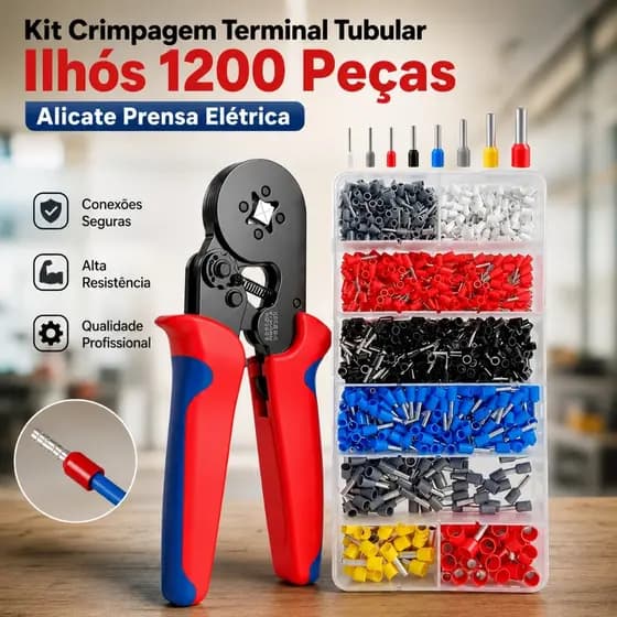 Kit Crimpagem Terminal Tubular Ilhós 1200 Peças Alicate Prensa Elétrica