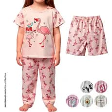 Conjunto kit pijama infantil criança menina 3 peças calça shorts e camiseta estampada tecido leve unicornio coelho
