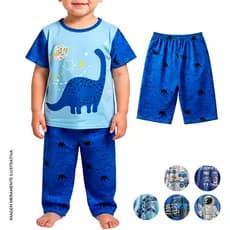 Conjunto kit pijama infantil criança menino 3 peças shorts calça e camiseta tecido leve dinossauro carro