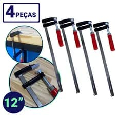 Kit 4 Grampos Sargentos Para Marceneiro 12pol. 300mm Tipo F Cabo de Madeira Carpiteiro Niquelado Aço