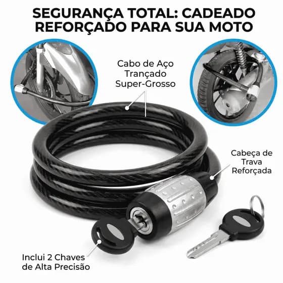 Cadeado Cabo Aço Trava Estepe Ranger L200 S10 Hilux Frontier Para Moto