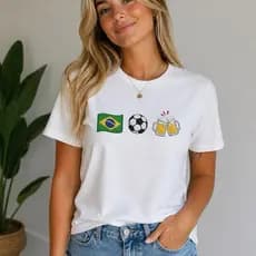 Camiseta do Brasil Feminina Estilosa com Estampa Premium em Algodão Copa do Mundo Branca Amarela Azul e Verde Conforto