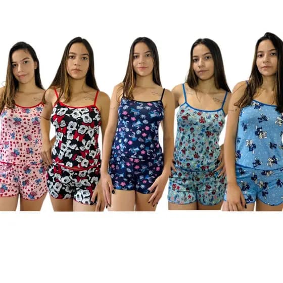 KIT COM 10 DOLL PIJAMINHA ESTAMPADO FEMININO FRESQUINHO LINHA NOITE