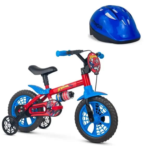 Kit Bicicleta Homem Aranha + Capacete Infantil Aro 12 Bike Ciclismo Passeio Seguro Resistente Rodinhas Criança