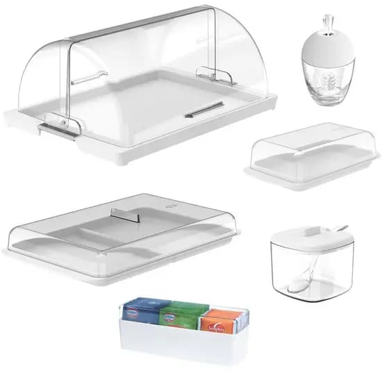 Kit Porta Pão Porta Saches Frios Açucareiro Meleira Acrílico Organizador Cozinha Café Da Manhã
