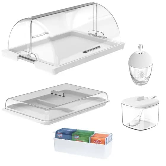 Kit Porta Pão Porta Saches Frios Açucareiro Meleira Acrílico Organizador Cozinha Café Da Manhã