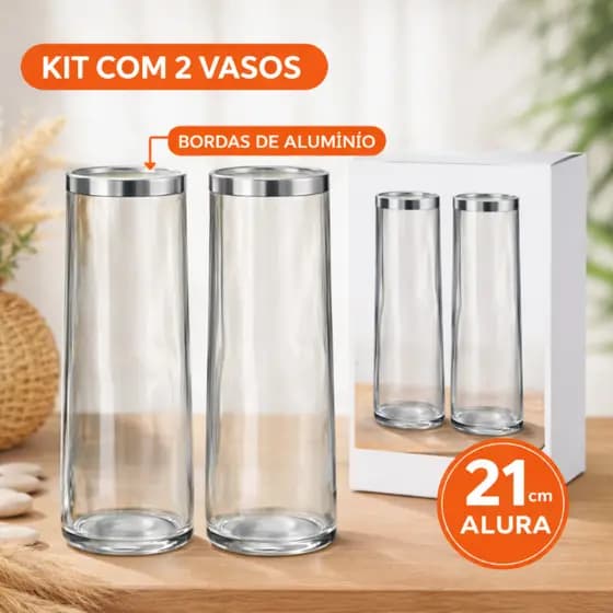Kit 2 Vasos de Vidro Decorativos 21cm com Borda de Alumínio Vaso Moderno para Flores e Decoração