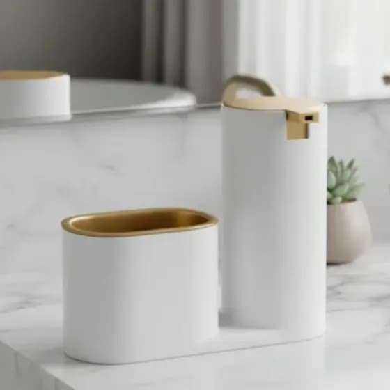 Porta Detergente Com Suporte de Bucha Dispenser Pia Branco Dourado Arthi Linha Conceito Luxo Cozinha