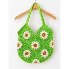 Bolsa de Crochê Artesanal Verde com Flores – Feminina – 28x28 cm