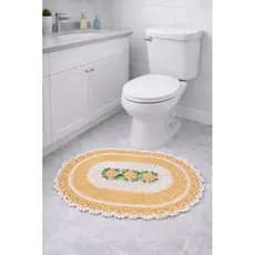 Tapete de Crochê para Banheiro Artesanal Fio 8 Amarelo Ouro com Cru 63x 48