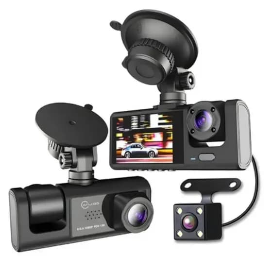 Câmera Veicular Full HD DVR 3 Câmeras Tela LCD Visão Noturna