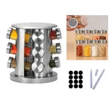 Porta Tempero Giratório 360 Com 12 Potes Vidro Suporte Inox