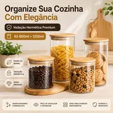 Pote Hermético Vidro Borossilicato Tampa De Bambu Kit Organizador Cozinha Moderna Despensa Premium