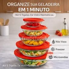 Kit 5 Tigelas Potes de Vidro com Tampa  Para Cozinha Armazenagem Hermetica  Microondas Freezer