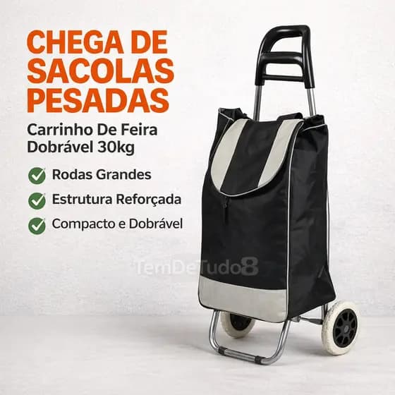 Carrinho De Feira Dobrável Rodas Grandes 30kg Com Bolsa E Zíper Reforçado Mercado Casa