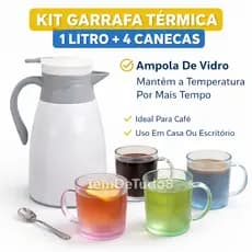Garrafa Térmica 1 L Com 4 Canecas Ampola D Vidro Kit Garrafa Térmica Café Mesa Posta Preta Branca