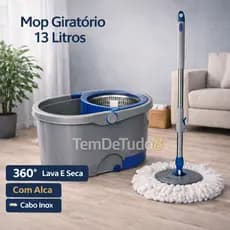 Esfregão Giratório 360° Mop 13 Litros Com Alça Cabo Inox Microfibra Centrífuga Lava E Seca Balde 13L